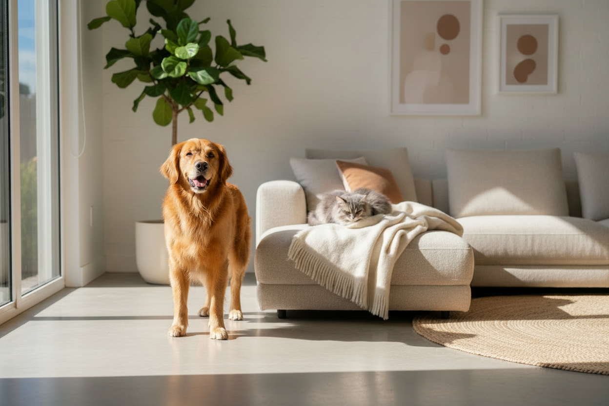 A warm, premium lifestyle scene featuring a happy golden retriever and a calm gray cat in a modern, sunlit living room. The dog is near a sleek elevated wooden feeding bowl while the cat lounges comfortably nearby. Soft natural light, neutral tones (beige, cream, warm wood), minimal modern decor, cozy but upscale atmosphere. Shot in shallow depth of field with a cinematic, high-end DTC brand aesthetic. No text, no logos, no illustrations. Ultra-realistic photography, professional lighting, clean background,